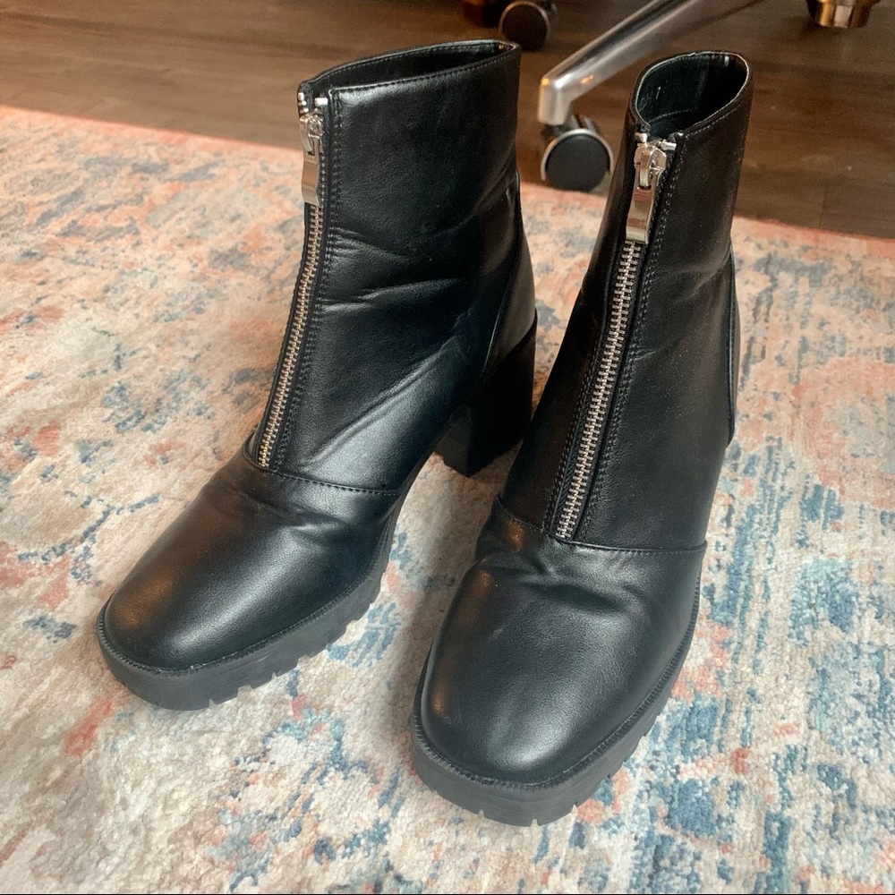 Heeled tread booties with zipper.